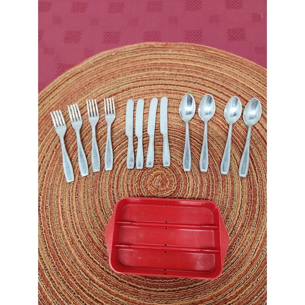Vintage SIGG Switzerland Miniature Toy Aluminum 12 Piece Flatware Set W Holder